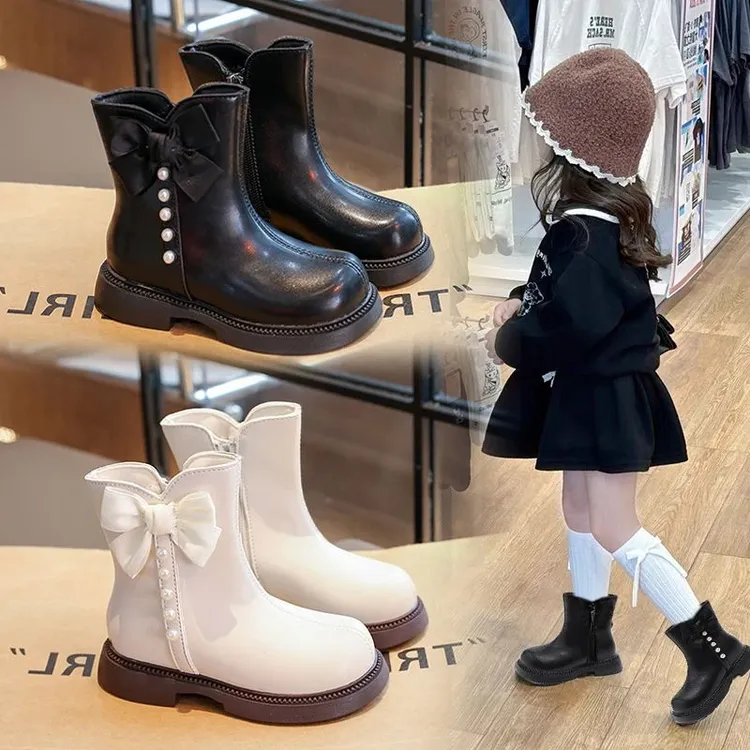 女童冬季新款2025儿童靴子软底短靴小女孩珠珠蝴蝶百搭公主马丁靴