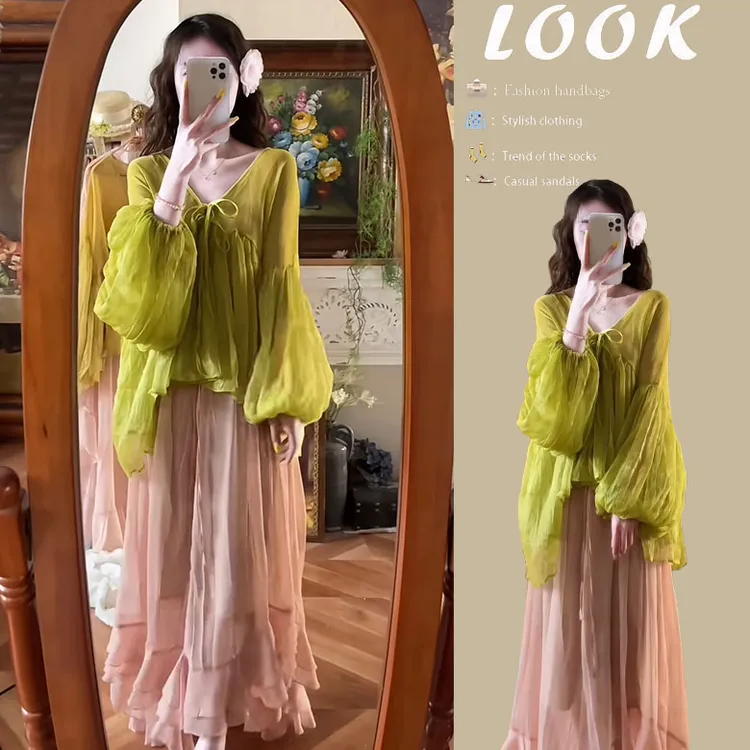 今年流行穿搭一整套2025新款女不规则灯笼袖上衣高腰半身裙两件套