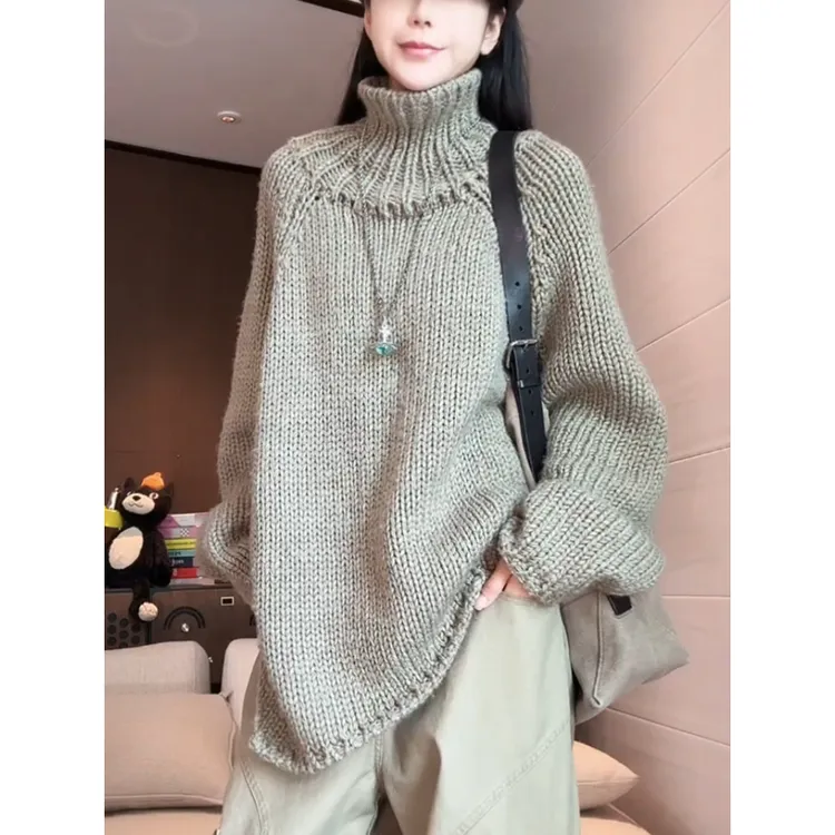 高领毛衣女士秋冬慵懒风宽松洋气减龄显瘦中长款遮屁股针织衫上衣