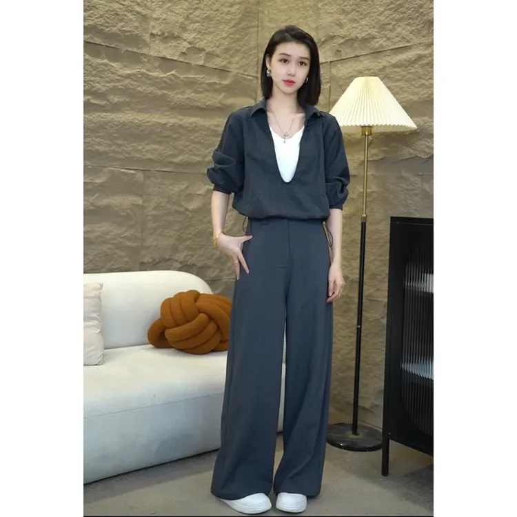 灰色阔腿裤女秋季高腰垂感高级感西装裤休闲拖地直筒裤6935