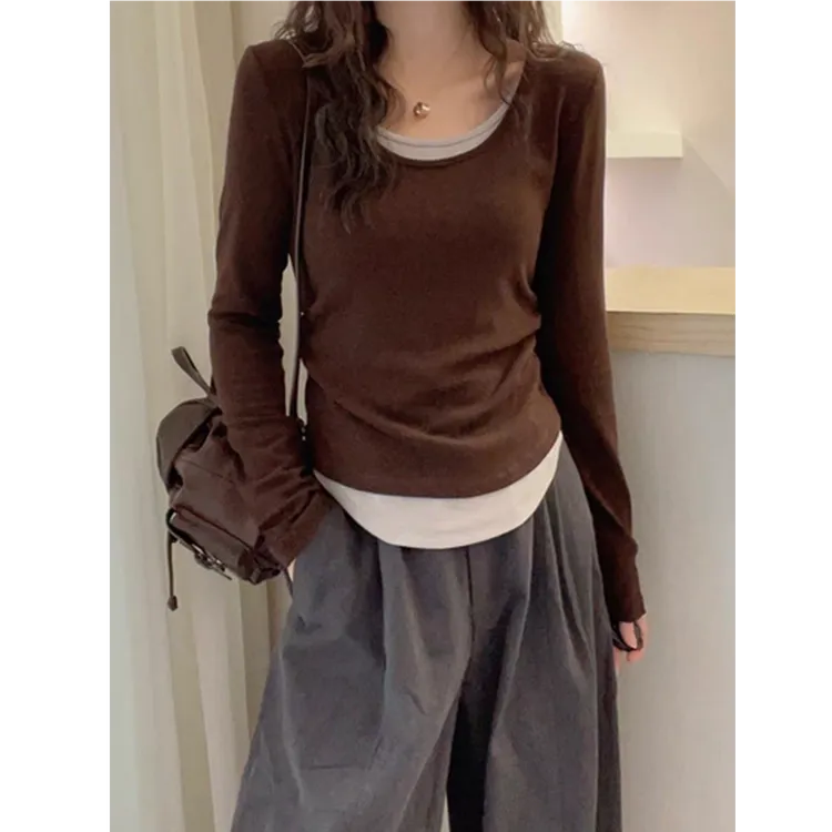 大码微胖MM假两件撞色T恤女欧洲站早秋新款欧货女装百搭打底小衫