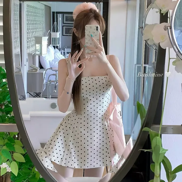 甜心泡泡辣妹吊带连衣裙法式纯欲甜美波点吊带A字蓬蓬裙