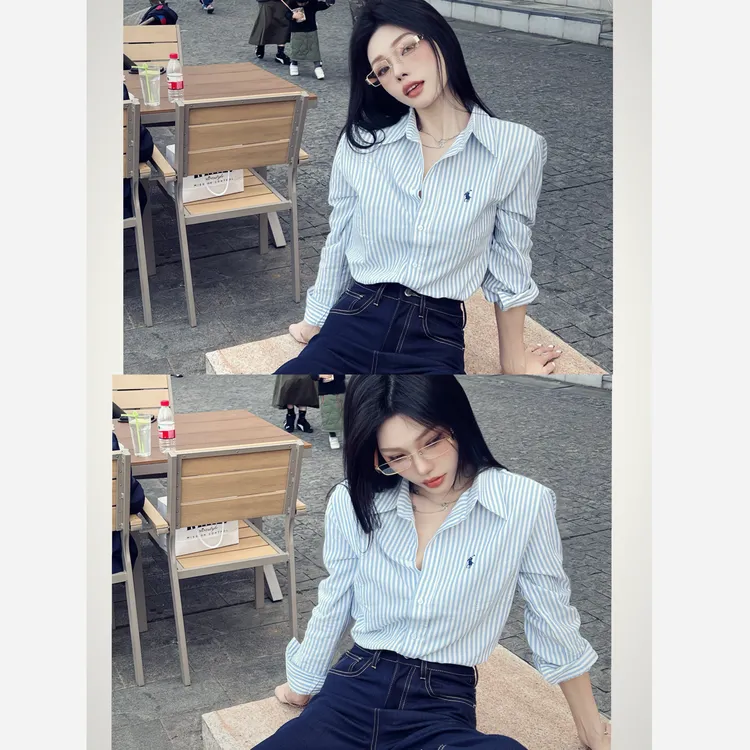 【Vicky微微】条纹衬衫外套女春夏气质外搭开衫薄款长袖纯棉衬衣