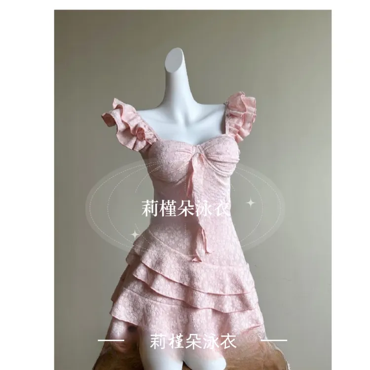 【张吃儿】钢圈定型杯连体裙平角短裤泳衣少女感粉粉多层裙摆遮肉