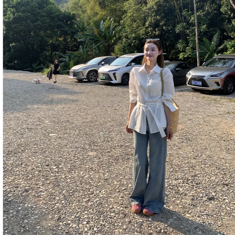 设计感白色Polo领长袖衬衫女夏季小众别致收腰中长款衬衣上衣