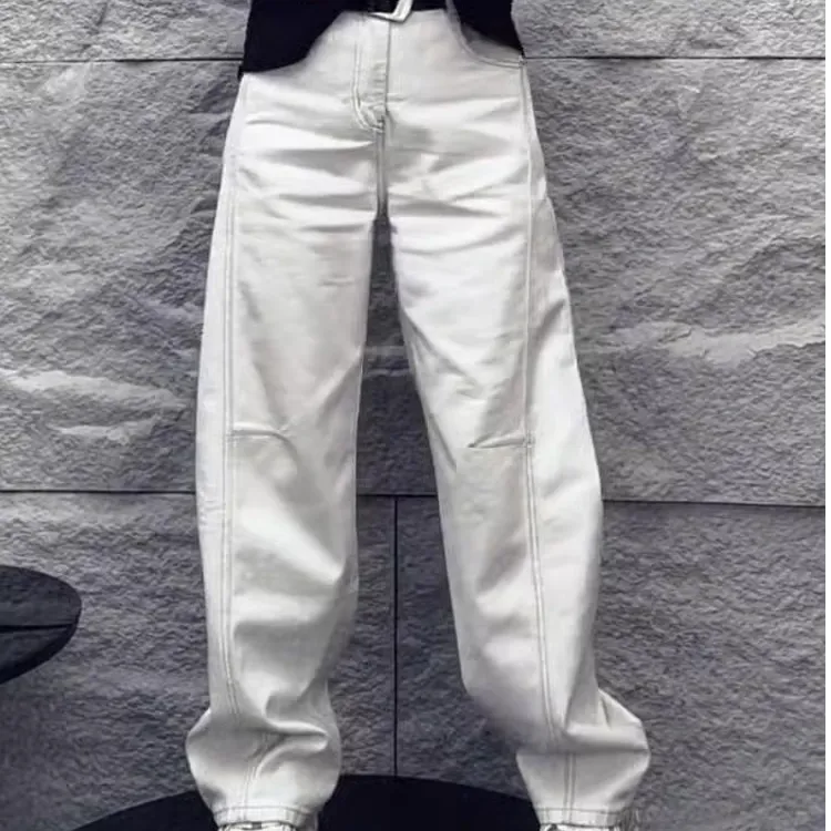 拉夏贝尔灰白色弯刀牛仔裤女2025春秋季新款显瘦小个子镰刀阔腿裤