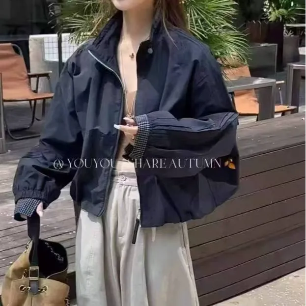 秋季韩系格子袖口撞色立领外套女休闲百搭短款上衣