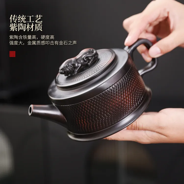 紫陶条纹卧虎藏龙凤鸣壶大容量家用中式泡茶壶复古大号紫砂壶