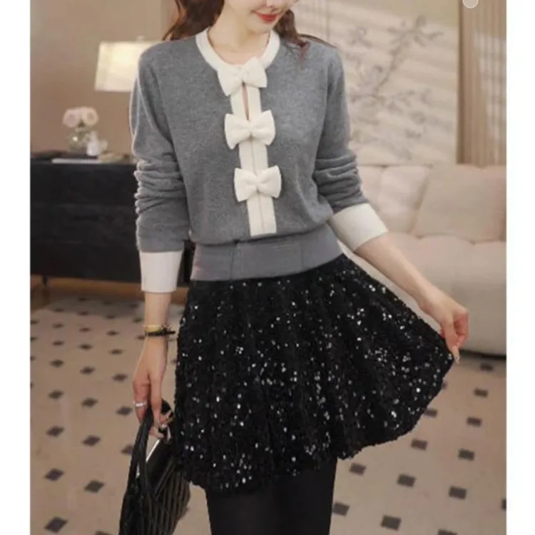 长袖撞色蝴蝶结毛衣针织百搭小香风气质显瘦设计感时尚上衣H9-97