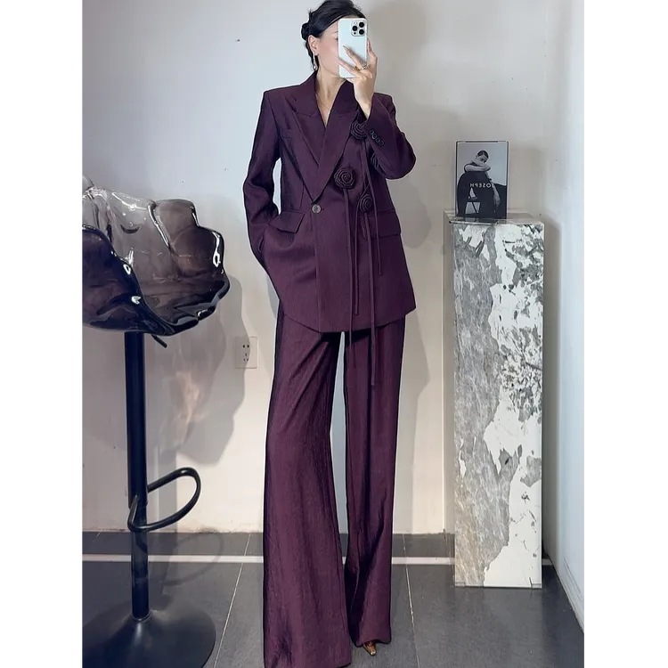 ZEROYK时尚套装2025秋季设计感立体盘花宽松西服长裤两件套