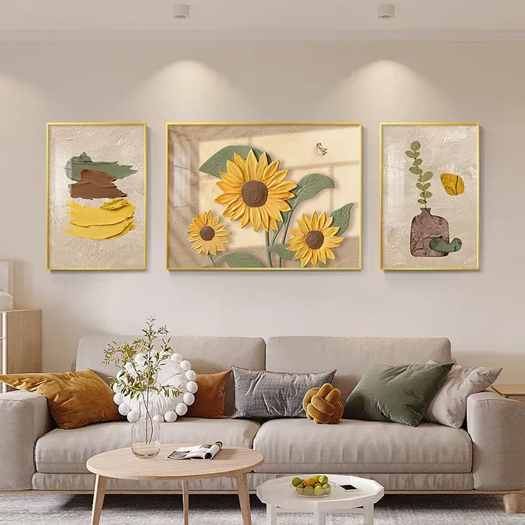 现代简约大气高端向日葵奶油风客厅装饰画三联壁画沙发背景墙挂画