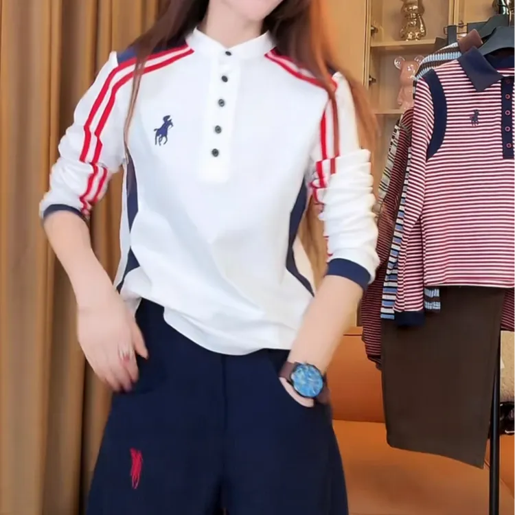 潮牌小马刺绣撞色单排扣长袖T恤女2025早秋新款时尚潮流打底上衣