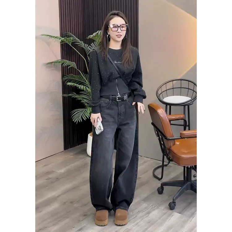 复古弯刀牛仔裤女秋冬新款大码梨形身材高腰宽松显瘦加绒阔腿裤子