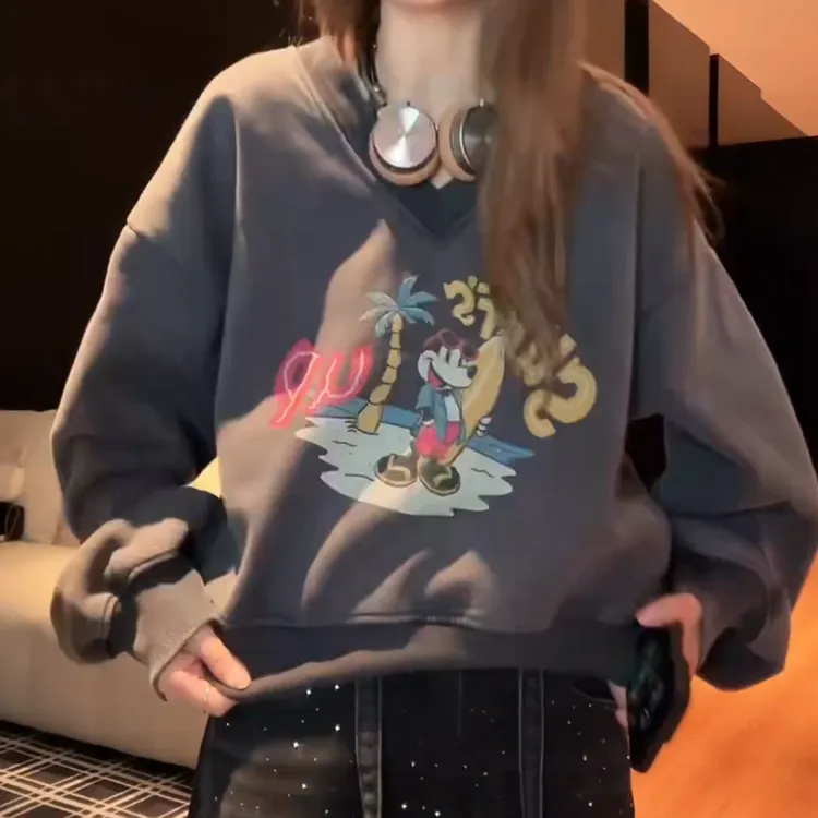 【趣味卫衣】新款秋冬复古趣味印花加绒卫衣宽松V领上衣LK2508972