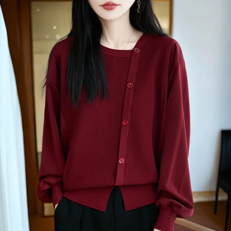 早秋春冬新款女装毛衣遮肚子设计感不规则纽扣2025新款针织衫外套