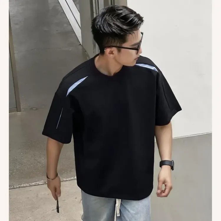 【江南阔少】条纹解构拼接设计款夏季基础百搭T恤短袖男男士短袖t恤