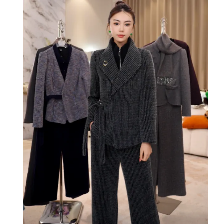 G9398优雅加厚套装2025秋冬新款女士收腰显瘦外套阔腿裤两件套