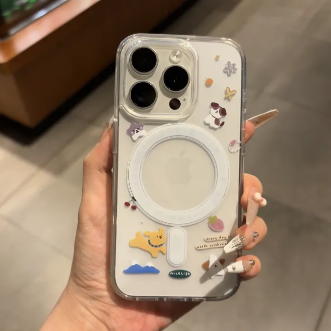 可爱ins风樱桃小狗iPhone16磁吸壳适用于苹果15/14透明防摔手机壳