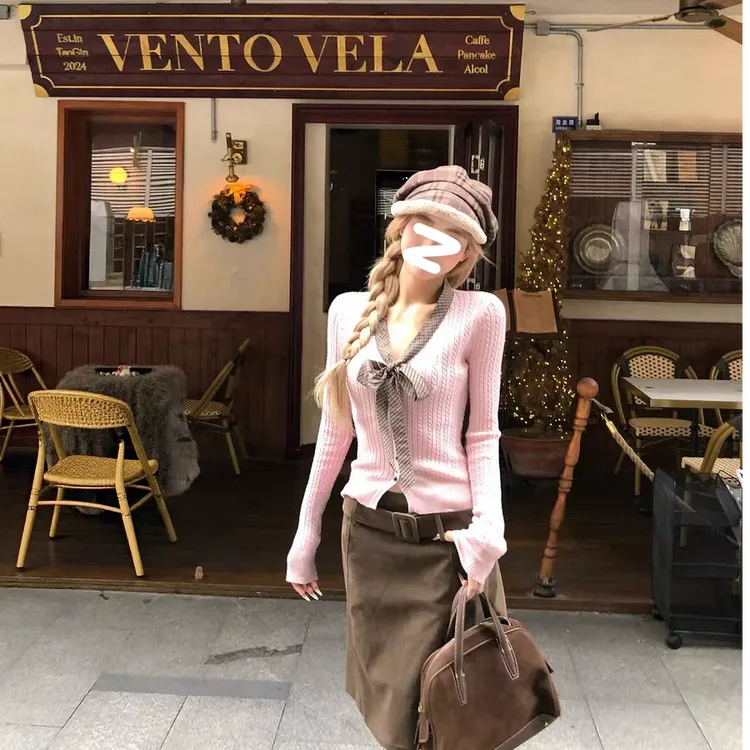 【甜粉情书】粉色小香风蝴蝶结针织毛衣秋冬修身显瘦内搭打底上衣女