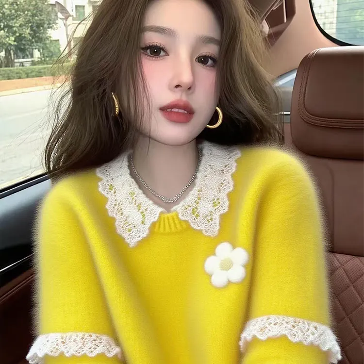 黄色毛衣女2025秋慵懒高级感独特超好看减龄软糯气质套头针织上衣