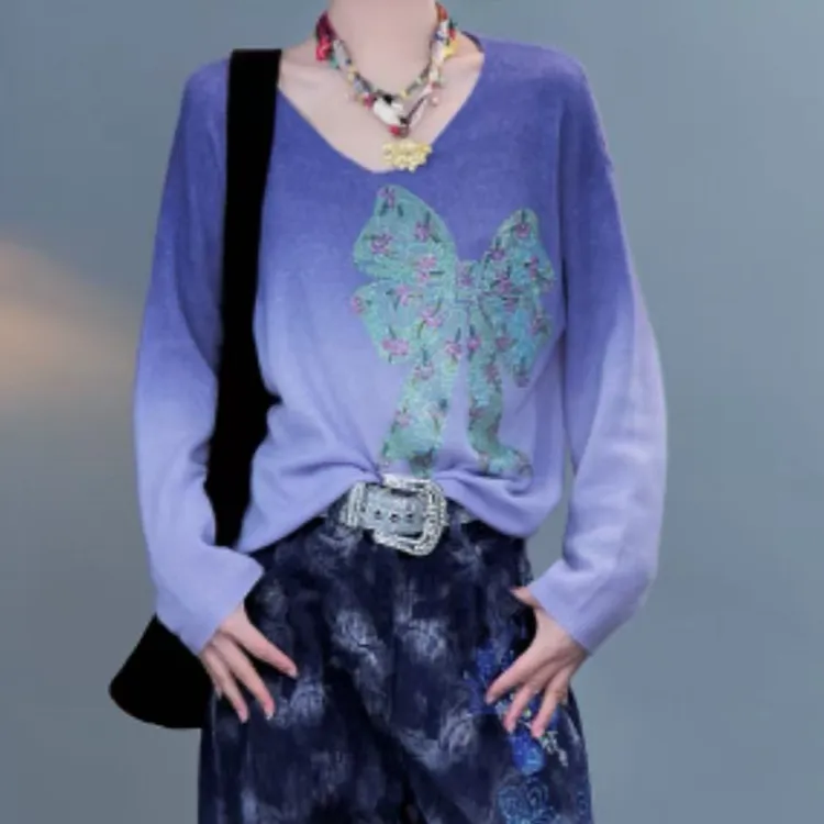 TCH私服秋款时尚休闲风烫钻淑女紫色针织衫T75C09E5136轻奢tch