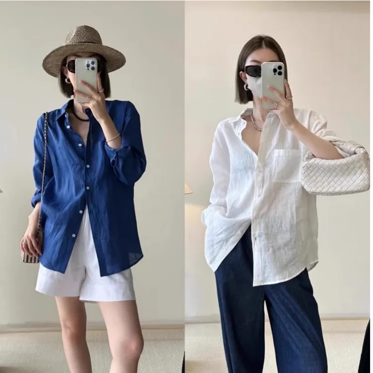高级感亚麻防晒长袖衬衫松弛感百搭开衫外套薄款宽松棉麻蓝色衬衣