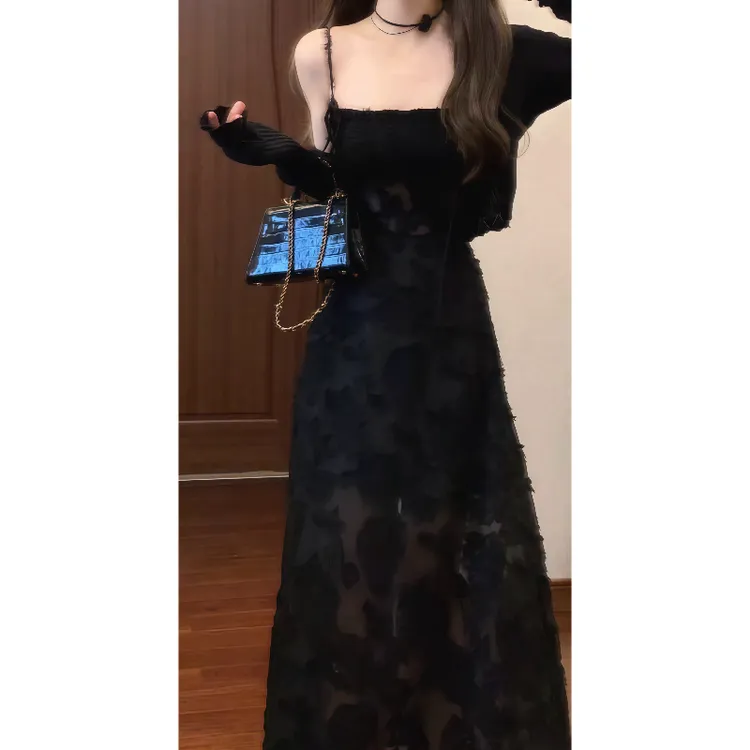 法式黑色提花吊带连衣裙性感裹胸收腰伞裙气质长裙&披肩开衫9776