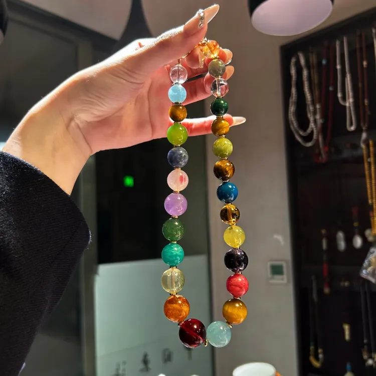 朱珠同款精品天然水晶多宝圆珠款项链白水晶虎眼石绿幽灵紫水晶