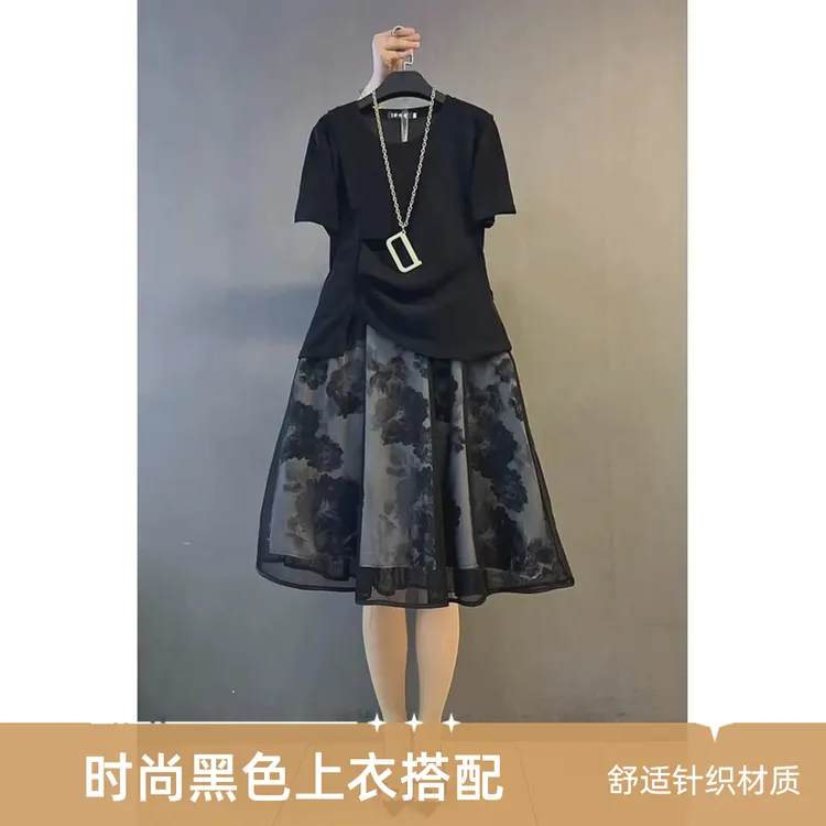 女西装西服外套胖子正装黑色妹妹大码两件套连衣裙女夏季感套装