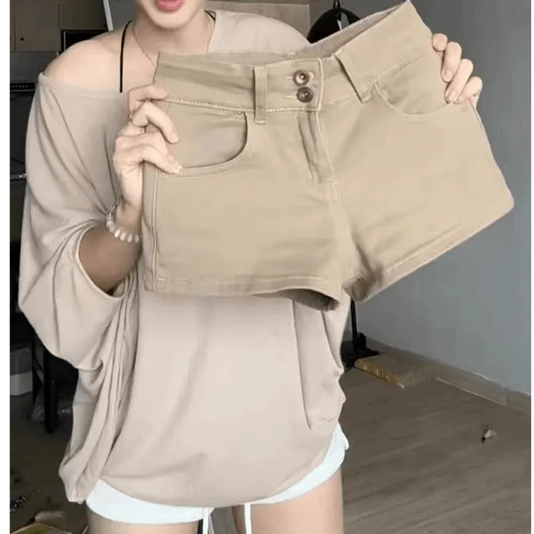 浅色中高腰辣妹卡其色牛仔短裤女小个子休闲短裤夏季薄款弹力热裤