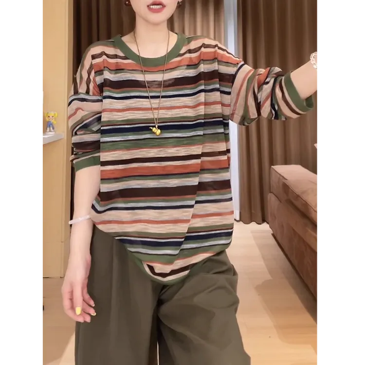 薄款彩色条纹长袖防晒t恤女2025年秋季新款时尚宽松休闲百搭短裤