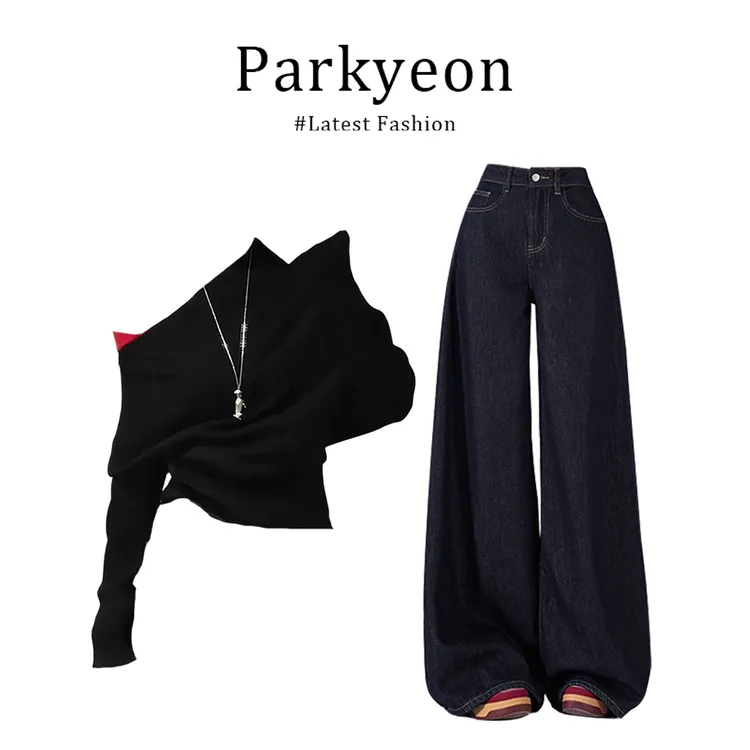 parkyeon韩系时尚炸街不规则斜肩针织衫毛衣上衣直筒牛仔裤套装