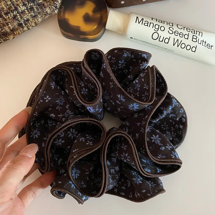 新款复古温柔咖色蓝碎花大肠发圈高级感头花发绳丸子头欧美风头绳