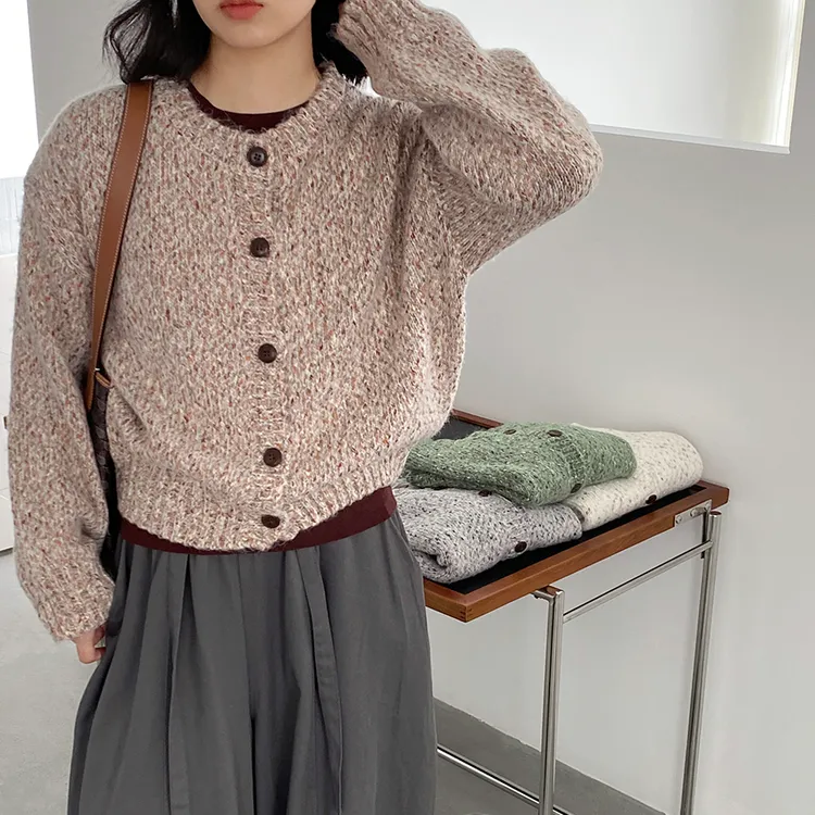 杂色花纱V领针织毛衣开衫女百搭初秋毛绒软糯上衣外套