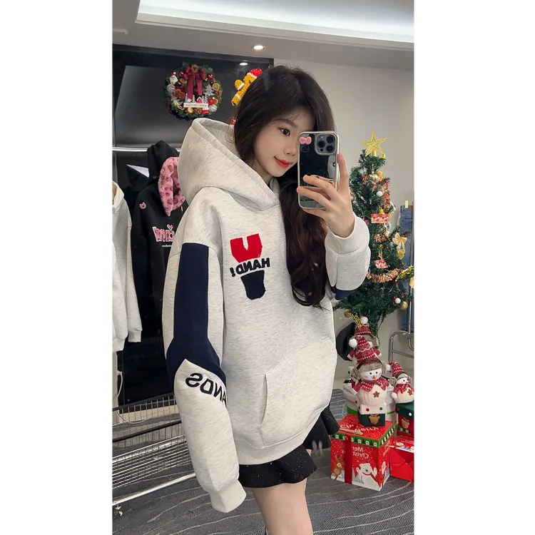 HandSeven美式复古撞色重工字母刺绣连帽卫衣秋冬保暖衫重磅卫衣