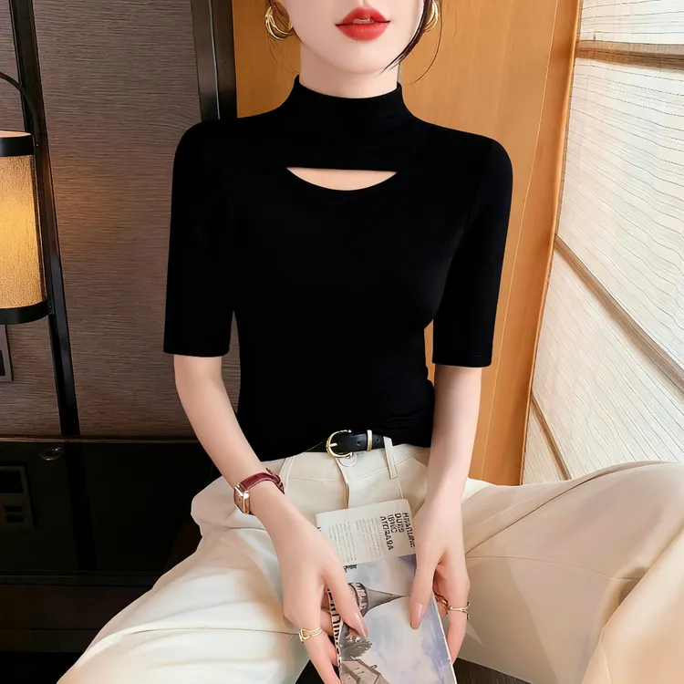 半高领中袖打底衫女2025新款早春秋季内搭修身t恤镂空五分袖上衣