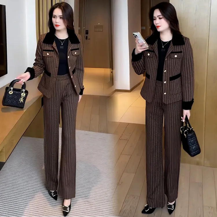 小香风条纹时尚套装女2025春秋新款洋气显瘦短款外套阔腿裤两件套