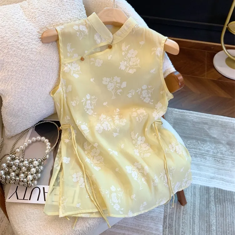 2025夏季新中式国风提花无袖衬衫女盘扣旗袍领背心黄色气质小上衣