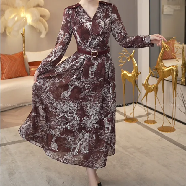 2026夏季新款【7146】小众高级感气质风法式V领长袖花色连衣裙