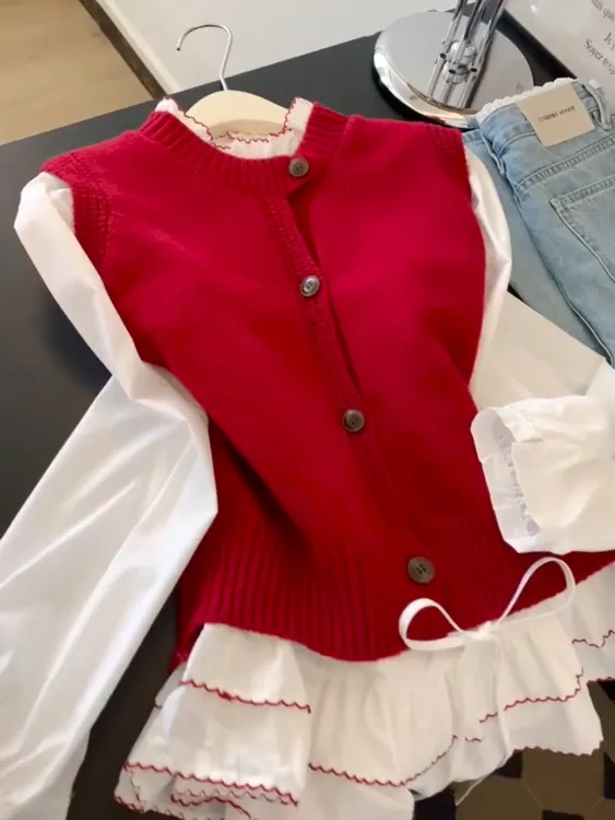 2026春季新款高级感韩系百搭洋气减龄针织马甲荷叶边衬衫两件套女