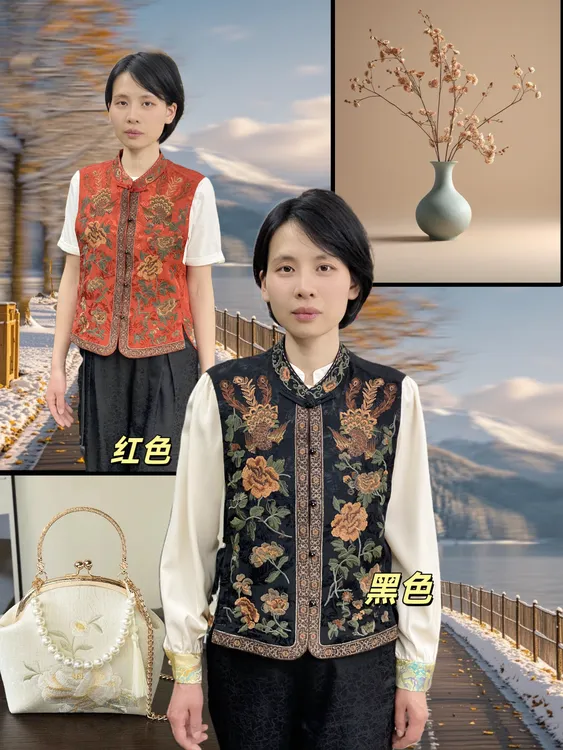 新中式民族风刺绣马甲立领复古优雅短款坎肩外搭