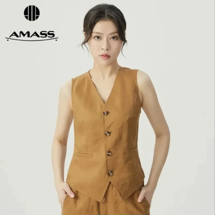 【阿玛施AMASS】5400870新款复古文艺风单排扣亚麻西装马甲外套女