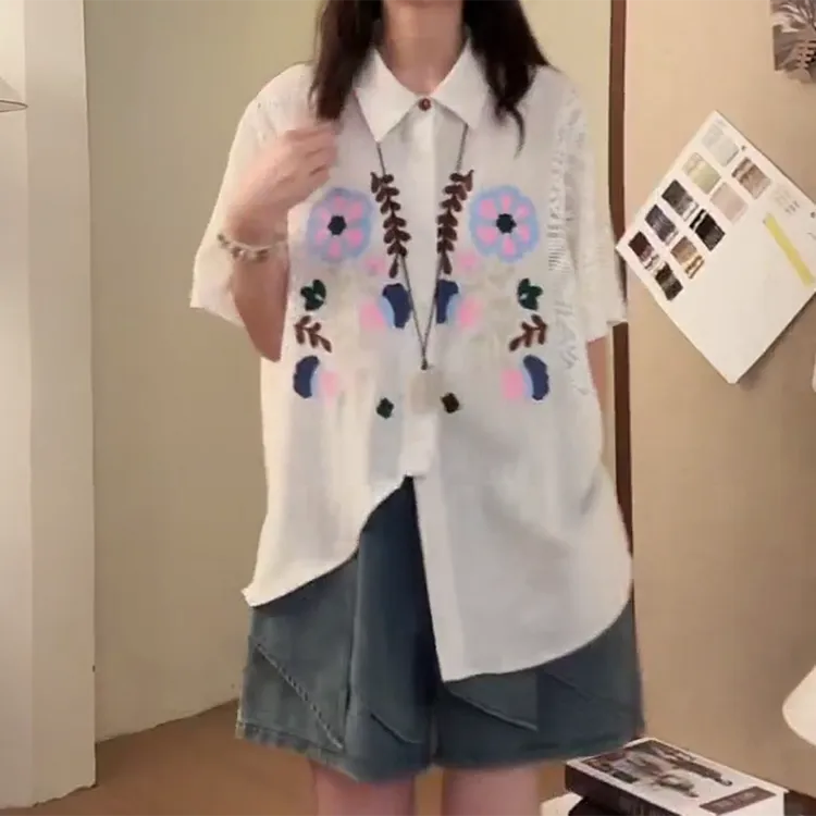 衬衫夏季重工刺绣花朵镂空拼接宽松上衣女C5771