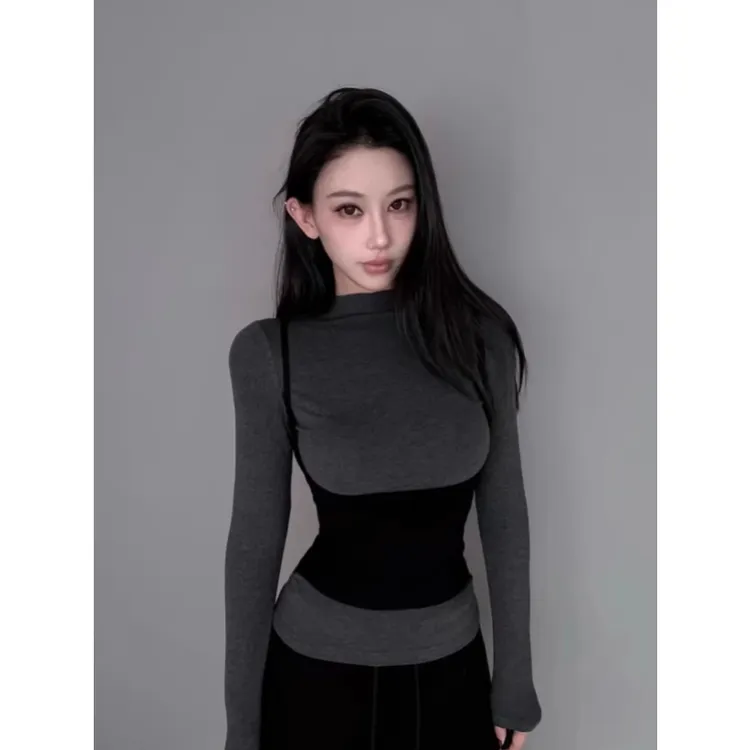 大码女装胖MM美式复古设计感长袖假两件上衣早秋辣妹收腰显瘦T恤