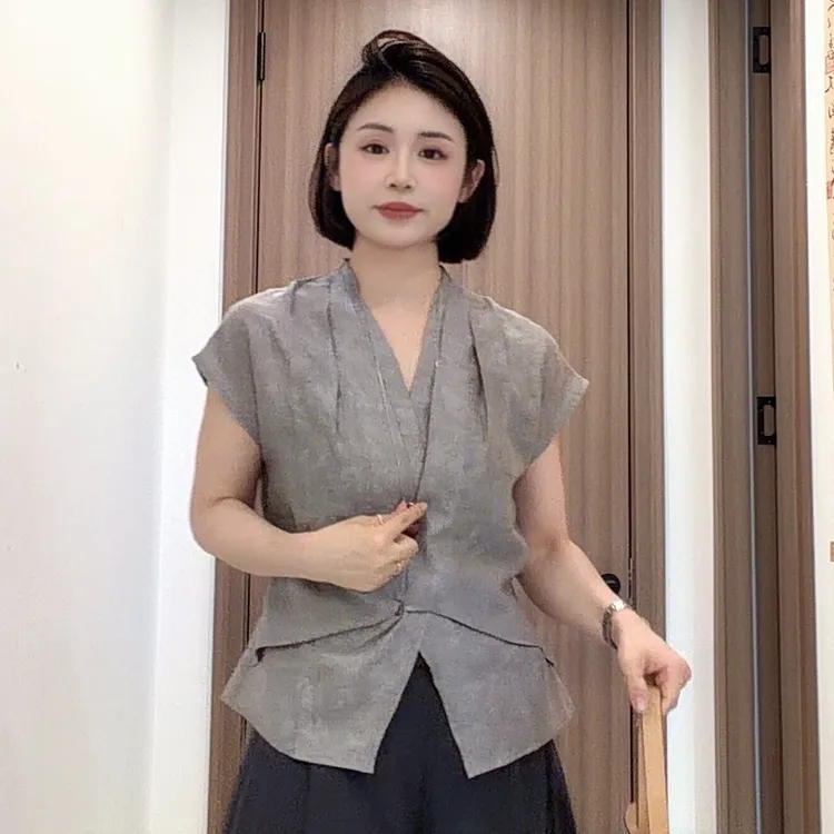 【运补6】夏季新款V领抽褶后系带设计感小众坎肩无袖衬衫马甲女1921