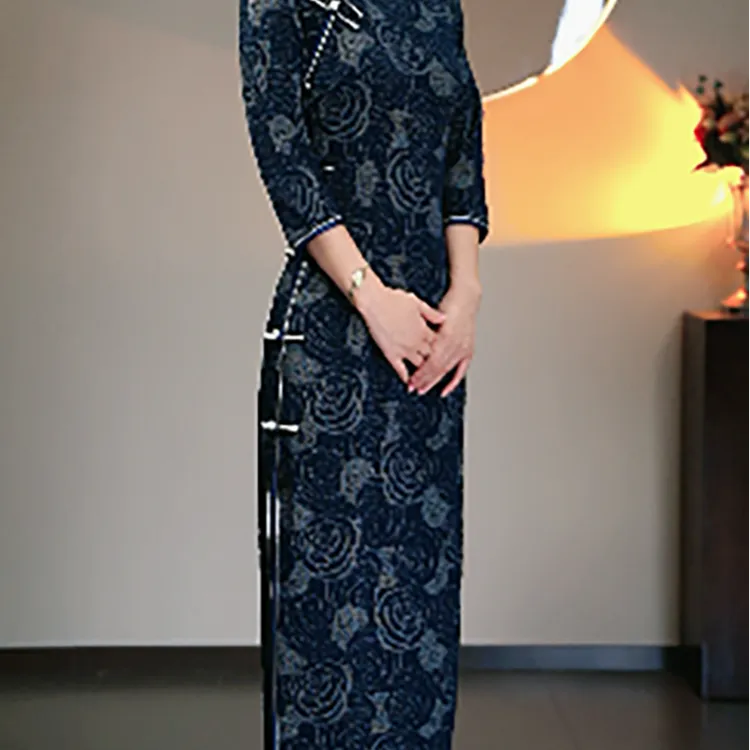 《蓝夕》藏蓝色显白显瘦旗袍2025年秋季新款优雅气质长款旗袍   