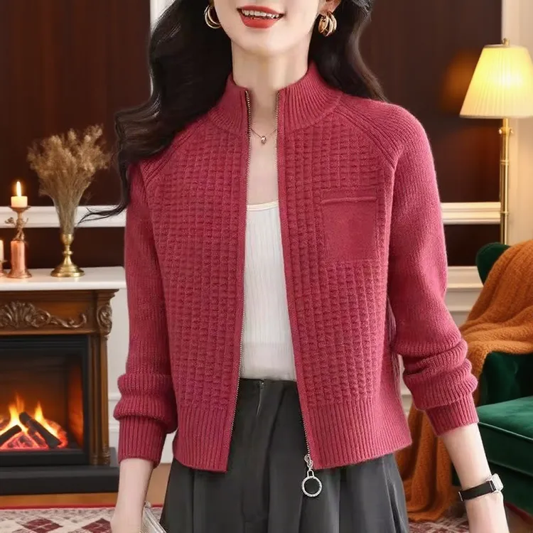 专柜正品小个子短款立领针织外套女春秋羊毛外搭高腰毛衣开衫