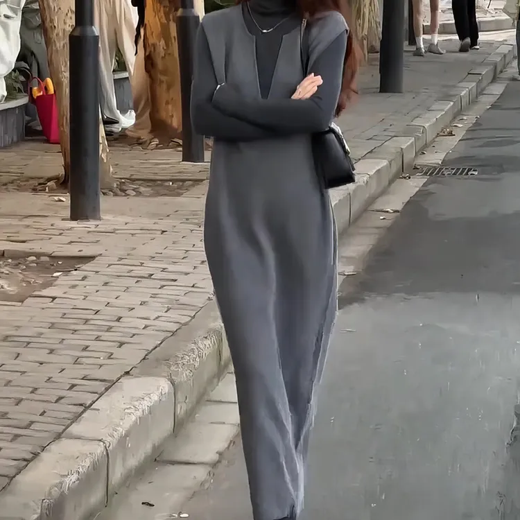 早秋气场强大女神范高级休闲感韩系小香风灰色背心连衣裙套装
