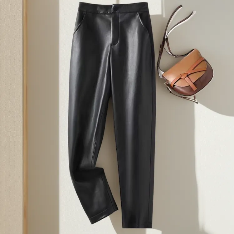 海宁真皮皮裤女绵羊皮2025春秋百搭高腰显瘦直筒裤宽松九分烟管裤