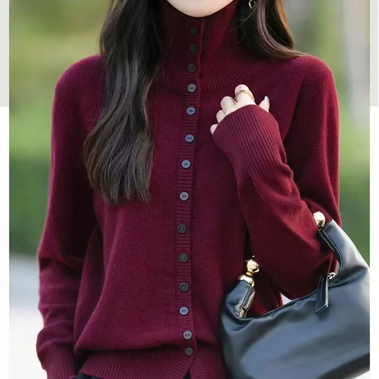 轻奢时髦加厚高翻领针织开衫女外套毛衣2024冬季时尚新款羊毛衫